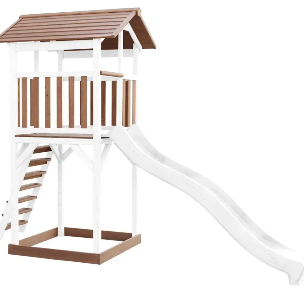 Tour de jeu en bois blanc et marron avec grand toboggan Beach Tower Axi
