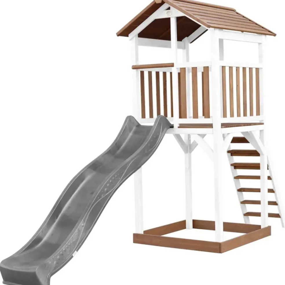 Tour de jeu en bois blanc et marron avec grand toboggan Beach Tower Axi