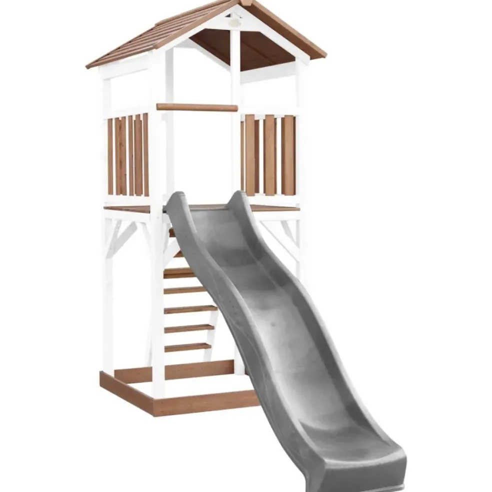 Tour de jeu en bois blanc et marron avec grand toboggan Beach Tower Axi