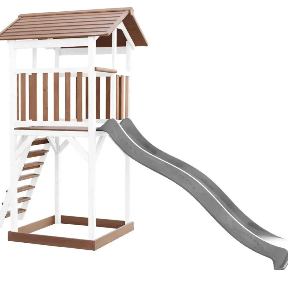 Tour de jeu en bois blanc et marron avec grand toboggan Beach Tower Axi
