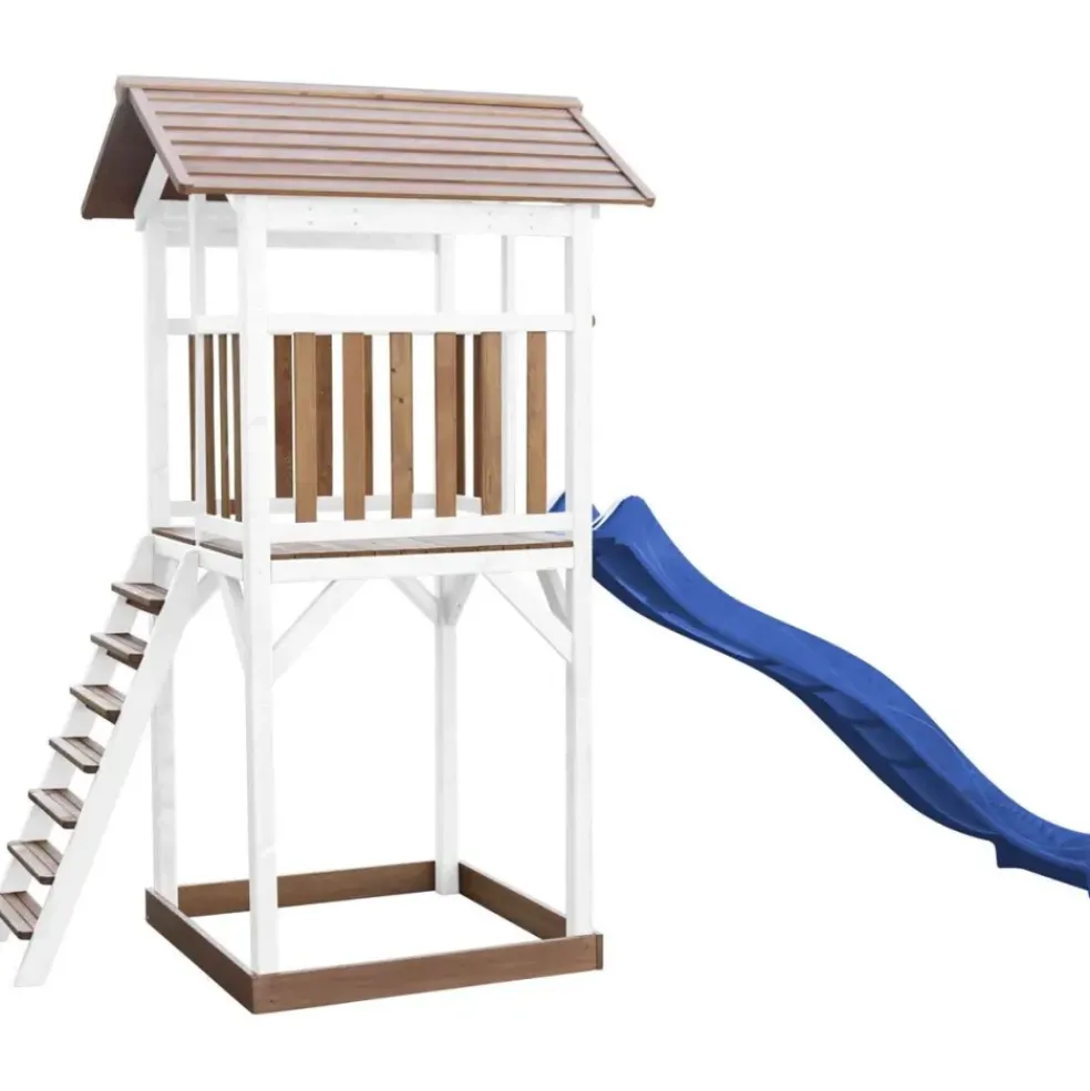 Tour de jeu en bois blanc et marron avec grand toboggan Beach Tower Axi