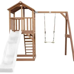 Tour de jeu en bois marron avec grand toboggan et 1 banaçoire Beach Tower Axi