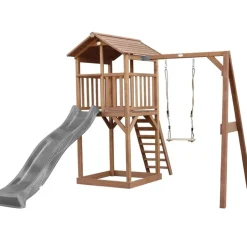 Tour de jeu en bois marron avec grand toboggan et 1 banaçoire Beach Tower Axi