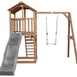 Tour de jeu en bois marron avec grand toboggan et 1 banaçoire Beach Tower Axi